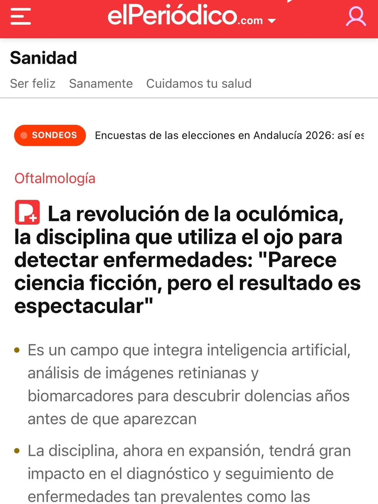 Muchas gracias a El Peri&oacute;dico @elperiodico_cas @elperiodico_cat y a Nieves Salinas por la entrevista sobre los avances en #Ocul&oacute;mica presentados en el congreso 2026 de la Sociedad Espa&ntilde;ola de Retina y V&iacute;treo @retinaserv 

