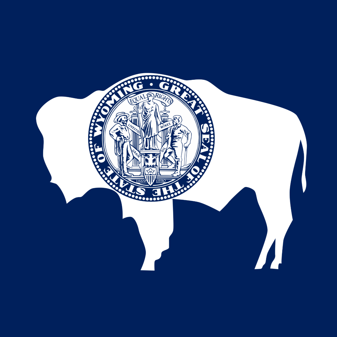 The Wyoming state flag with a copper-colored star at the center, yellow and red rays above, and a solid blue bottom half.