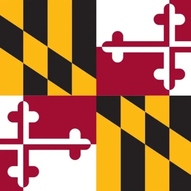 The Maryland state flag with a copper-colored star at the center, yellow and red rays above, and a solid blue bottom half.