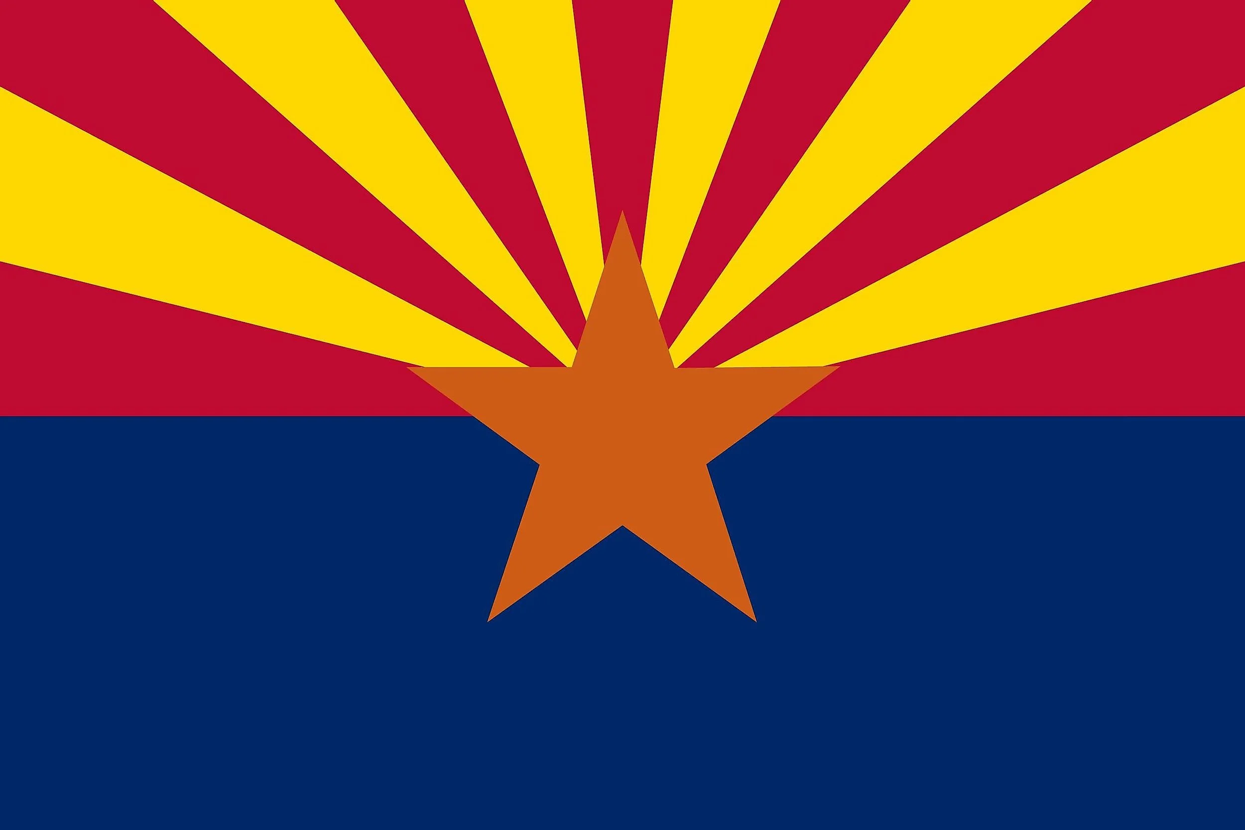 The Arizona state flag with a copper-colored star at the center, yellow and red rays above, and a solid blue bottom half.