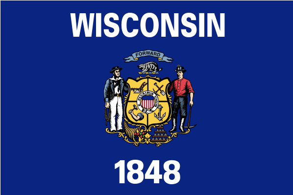 State flag of Wisconsin showing the state coat of arms on a blue background with the words Wisconsin at the top and 1848 at the bottom.