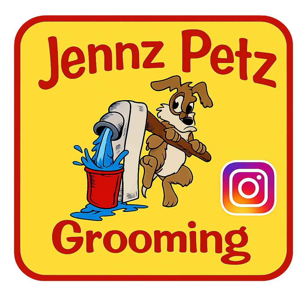 A colorful logo for Jennz Petz Grooming featuring a cartoon dog holding a broom, pouring blue liquid into a red cup, with an Instagram logo and the words "Jennz Petz Grooming" on a yellow background.