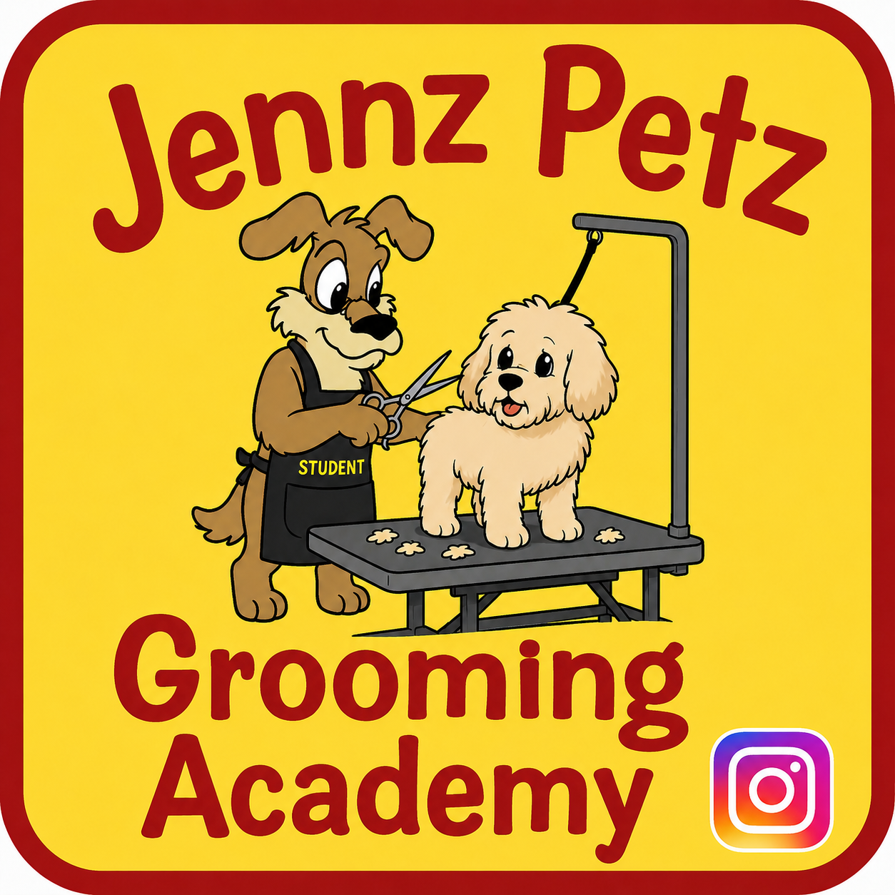 A cartoon illustration of a dog grooming academy logo featuring a dog grooming table with a cute fluffy dog being groomed by a brown dog dressed as a student, holding scissors. The background is yellow with red borders, and the text reads 'Jennz Petz Grooming Academy' in large red letters. There is also an Instagram logo in the bottom right corner.