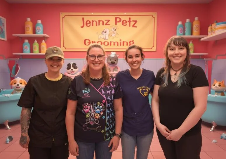 Four women standing in front of a colorful pet grooming salon sign that reads 'Jennz Petz Grooming', with pet bath stations and animated pet figurines in the background.