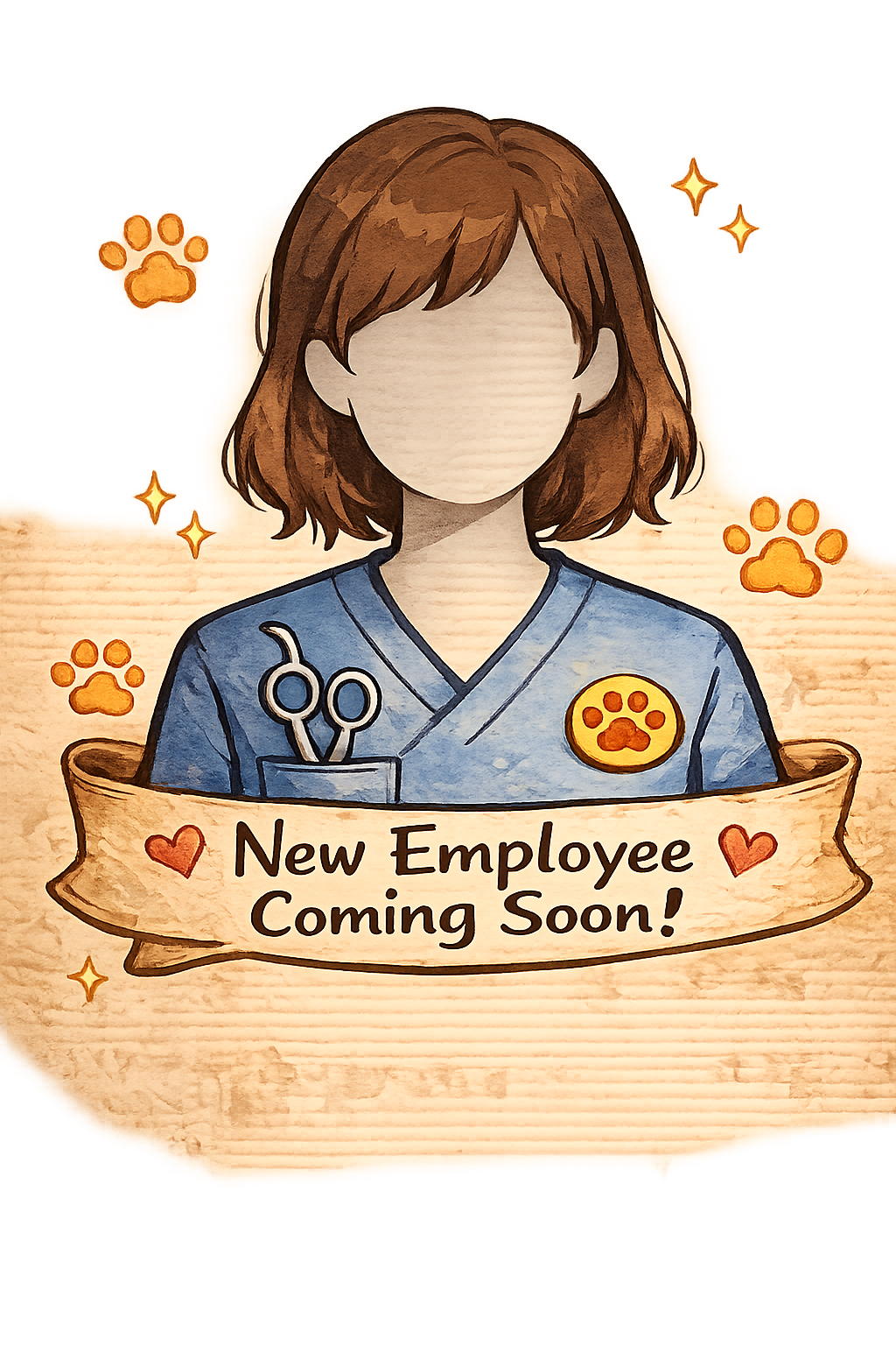 A welcoming illustration of a faceless woman with brown hair wearing a blue shirt with medical scissors in the pocket and a paw print badge, surrounded by paw prints and sparkles, with a banner that reads "New Employee Coming Soon!"