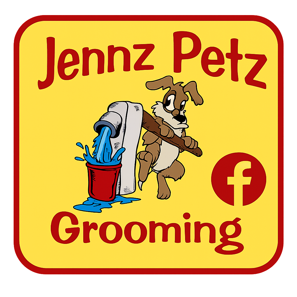 A yellow and red sign featuring a cartoon dog using a mop to clean water spilling from a faucet into a red bucket, with the text 'Jennz Petz Grooming' and a Facebook logo.