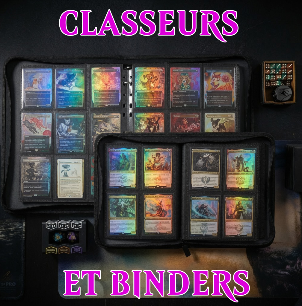 Une collection de cartes à jouer dans des classeurs, avec des dés et des accessoires de jeu à côté, pour un jeu de société. Le texte en haut et en bas indique "Classeurs et Binders".