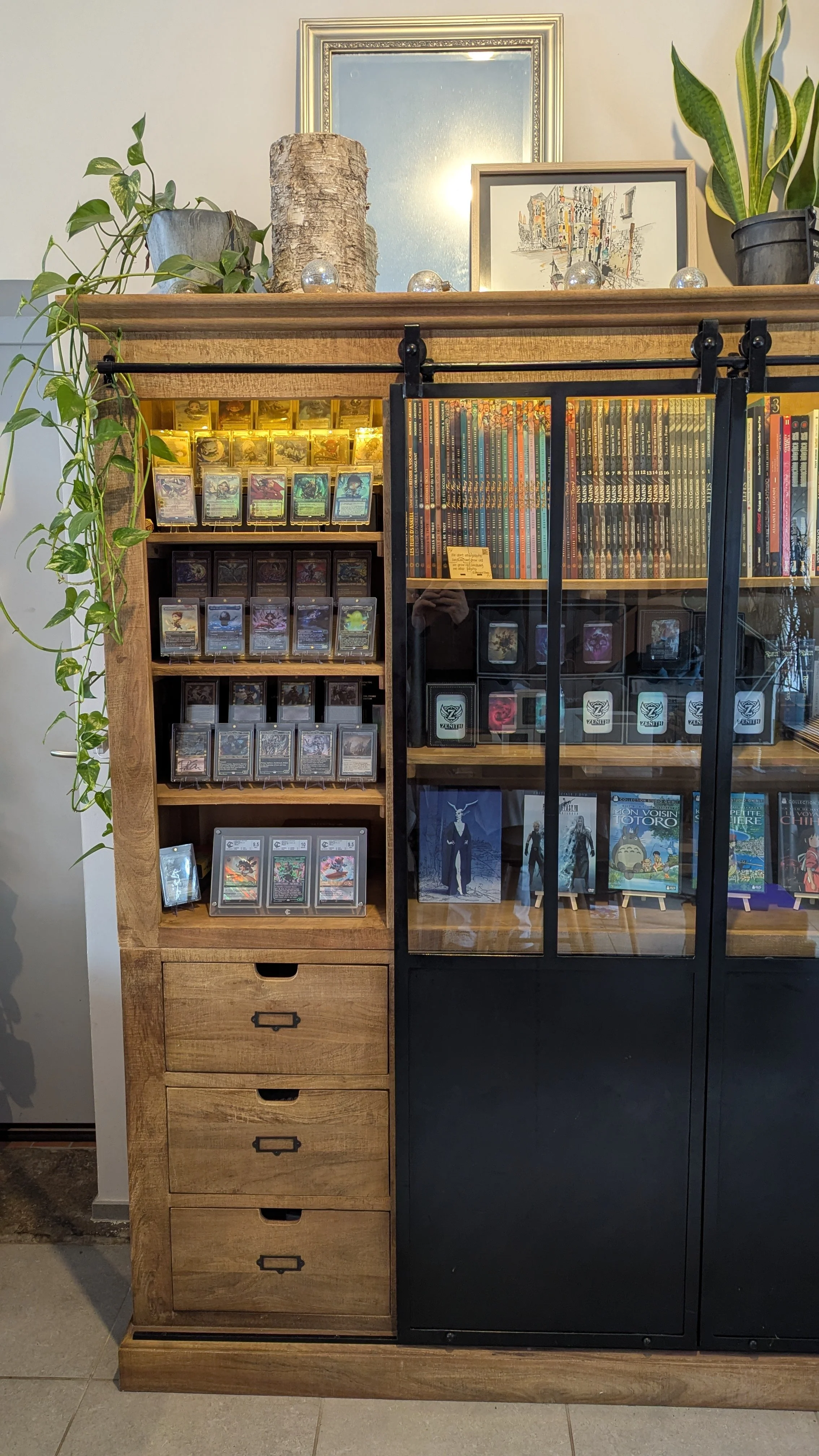 Une étagère en bois contenant des cartes à jouer, une collection de livres et des décorations avec des plantes vertes et des cadres suspendus au mur.