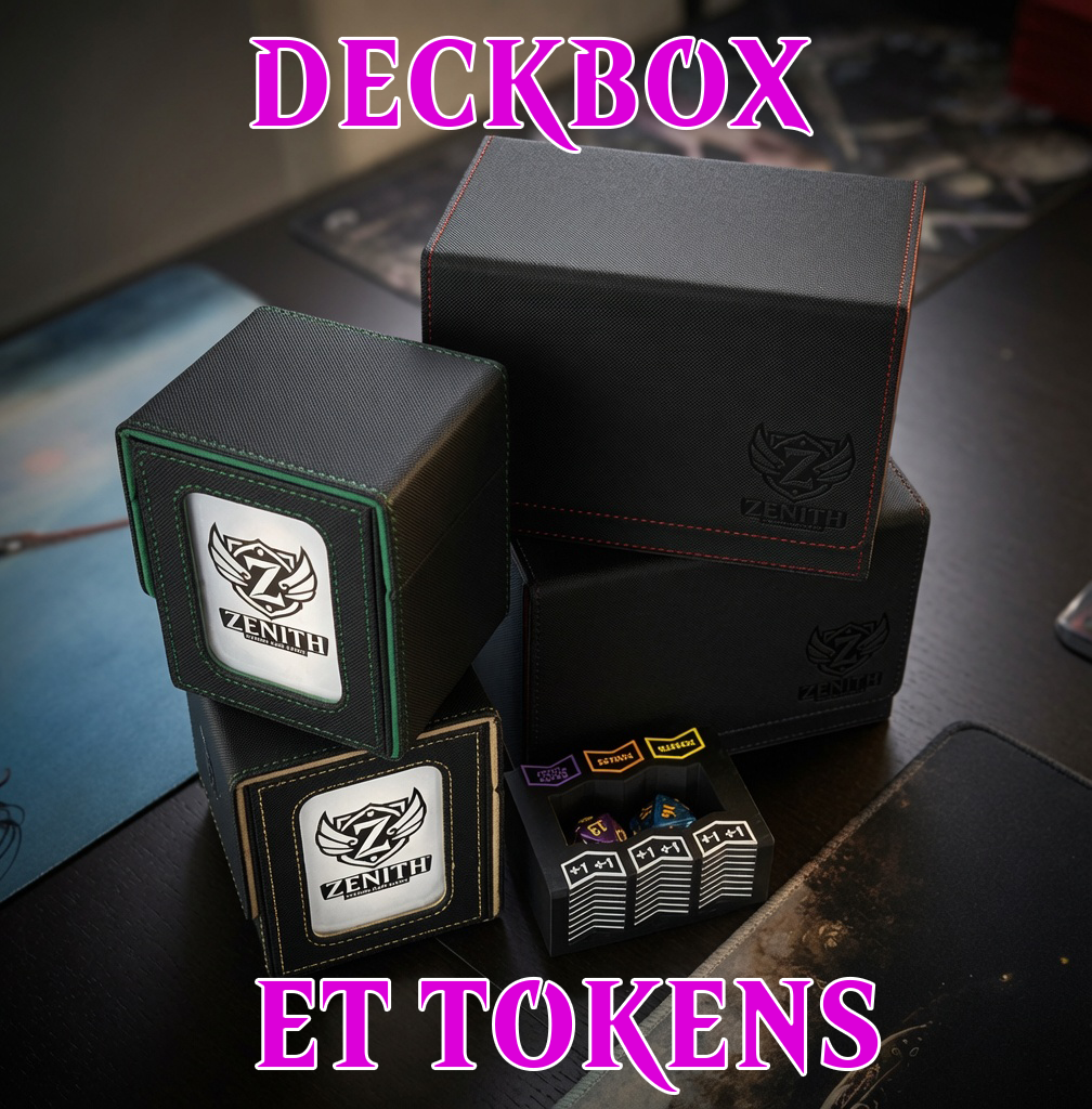 Boîtes de jeu et tokens de la marque Zenith sur une table