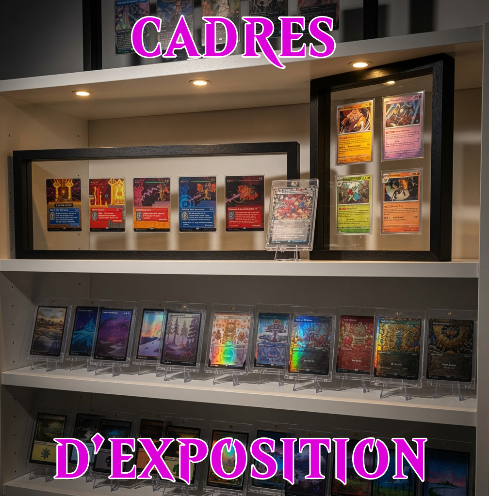 Une étagère d'exposition de cartes de jeu ou de collection avec plusieurs cartes dans des cadres transparents, organisées en rangées et sous des boîtes d'affichage en arrière-plan. Le texte en surimpression indique « CADRES D'EXPOSITION ».