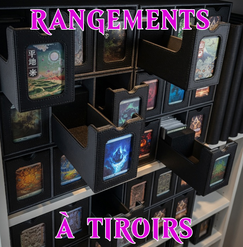Une étagère avec des compartiments contenant des cartes à collectionner, probablement pour un jeu de cartes, dans des boîtes noires.