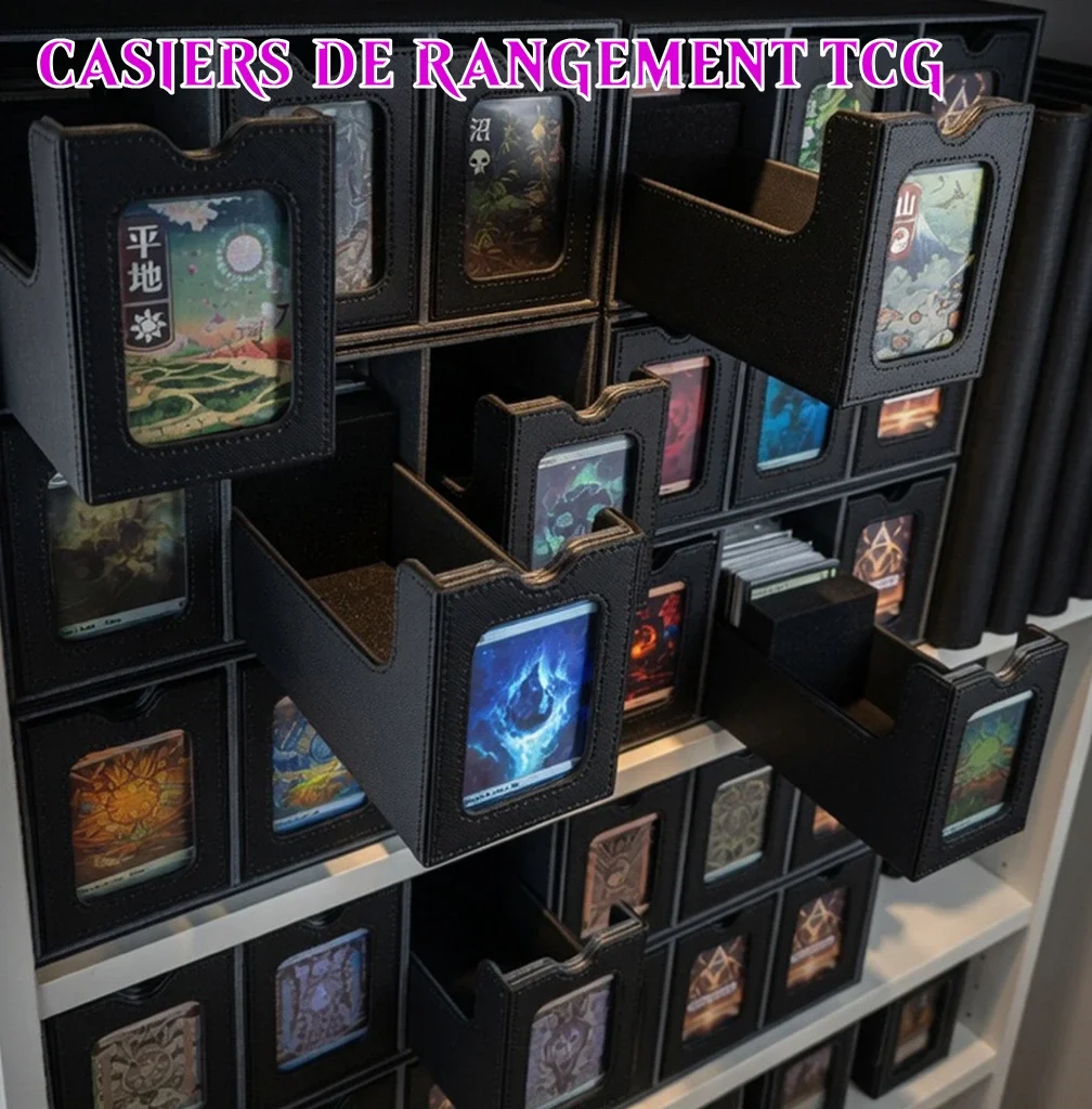 Une collection de cartes de jeu, avec des cartes encadrées en haut et des cartes dans des boîtiers noirs organiquement rangés dans une armoire.