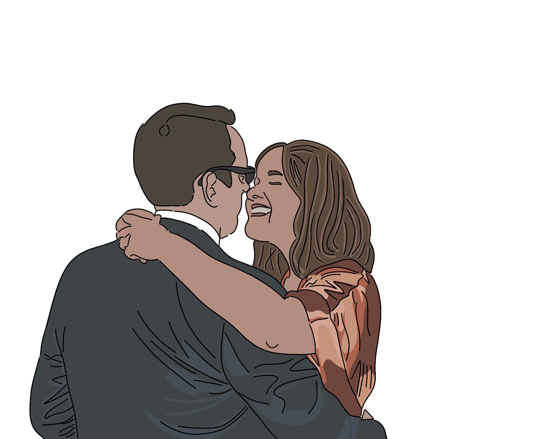 A digital portrait of a couple dancing wearing formal outfits.