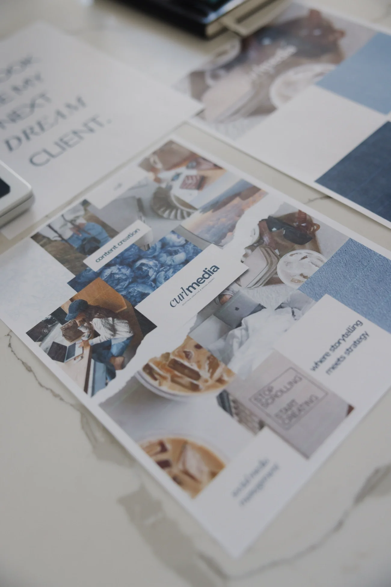 A printed photo collage of Curl Media's moodboard 