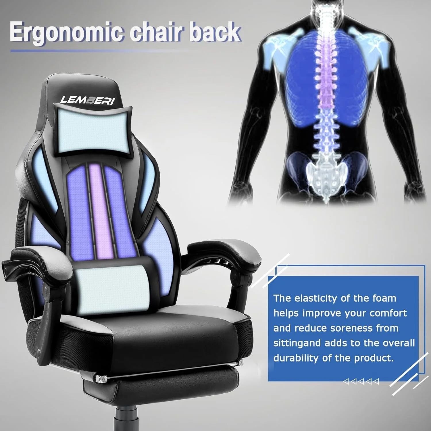A black ergonomic office chair with purple and blue foam padding, and a small display at the top. An anatomical illustration of a human back highlights the spine and muscles. A blue text box explains that foam elasticity improves comfort, reduces soreness from sitting, and increases durability.