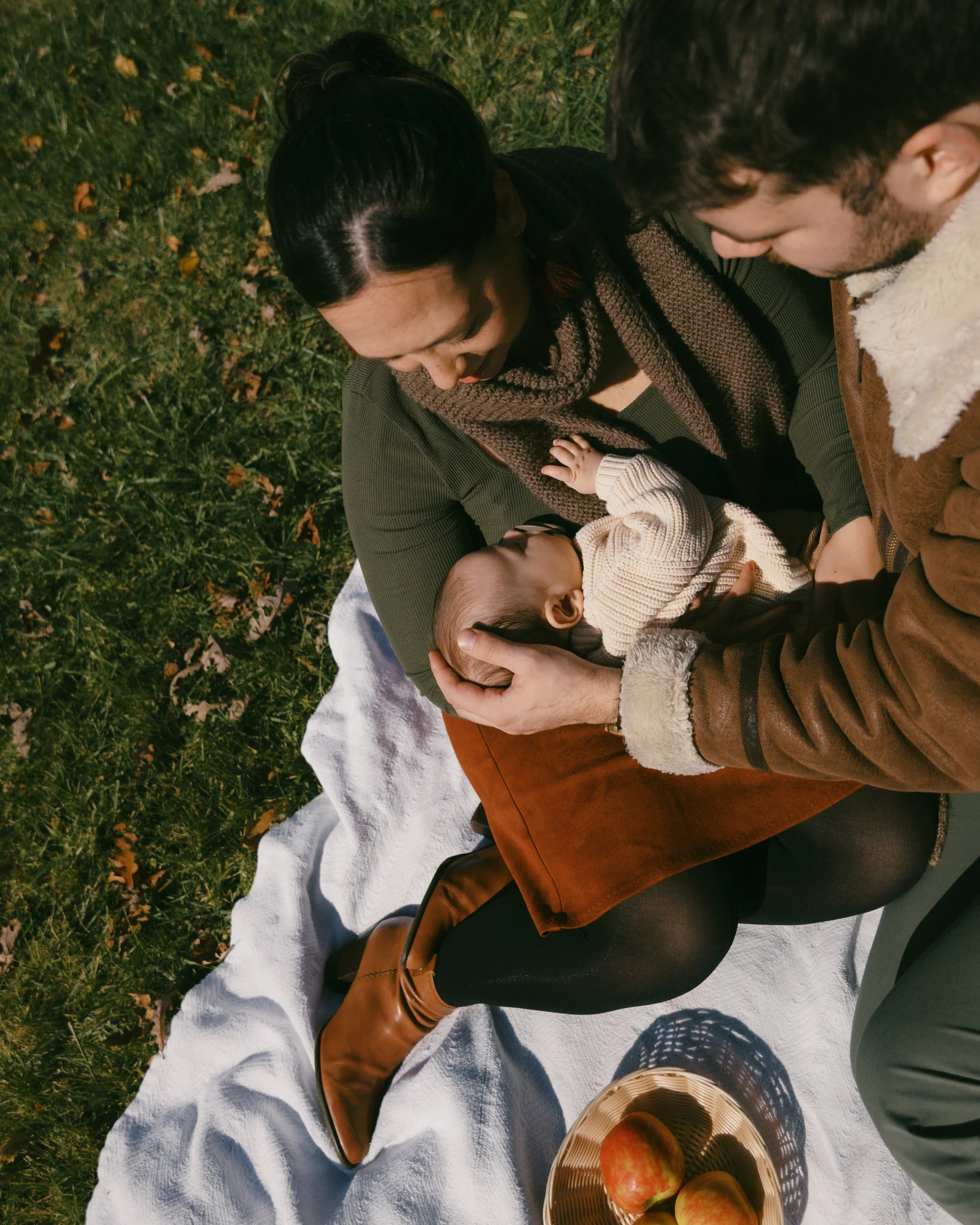 A group of people having a picnic on a blanket outside on the grass, with apples in a basket and a person holding a baby.