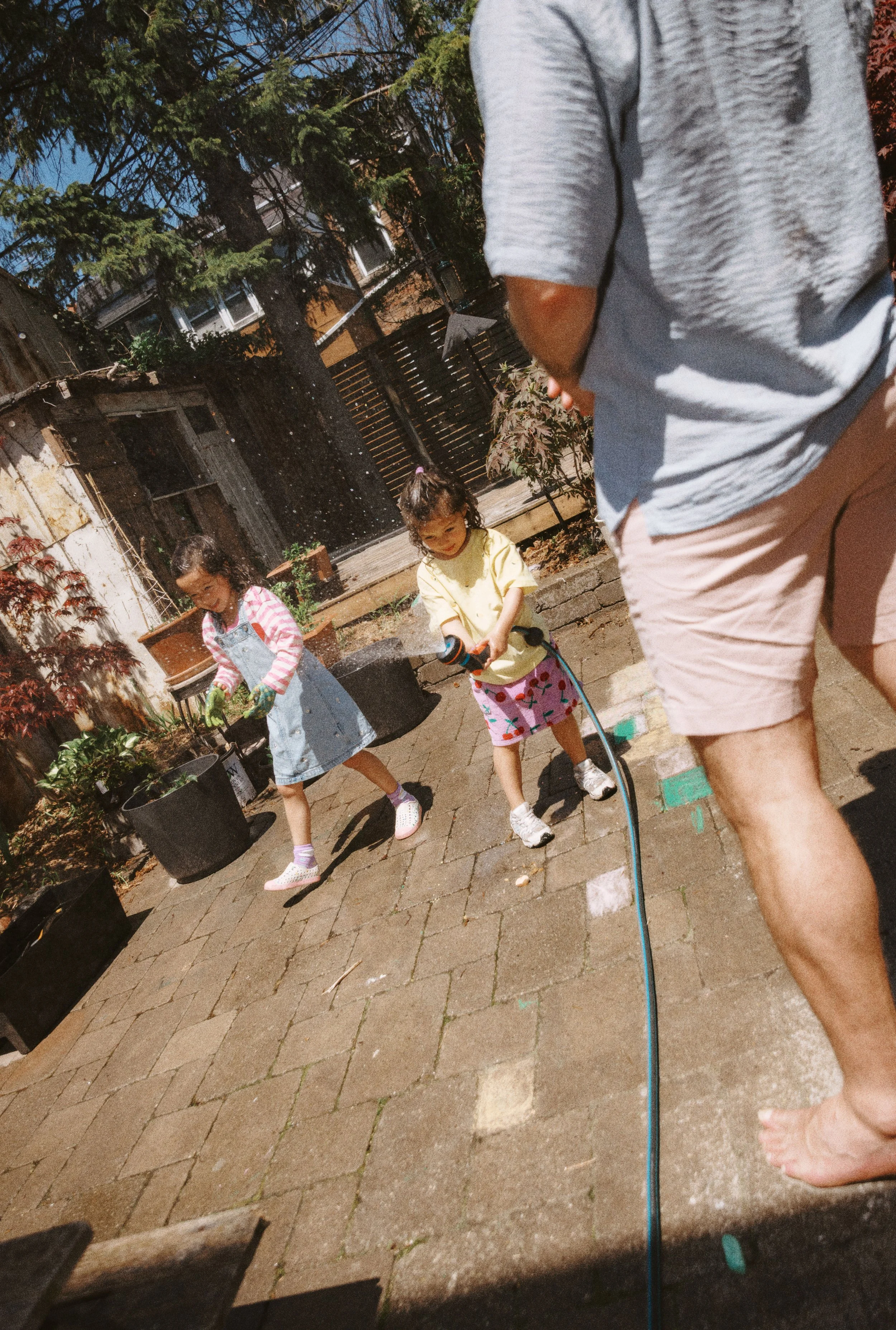 Documentary-style family photo of children playing with a hose in the backyard during a storytelling family session at home.