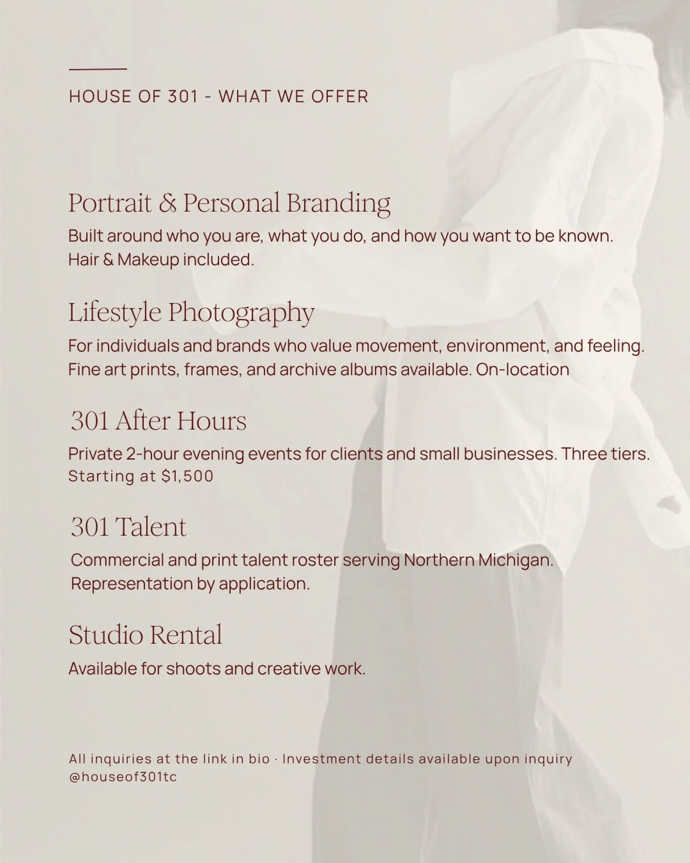 What we offer. All in one place. 

Photography Studio📍Traverse City