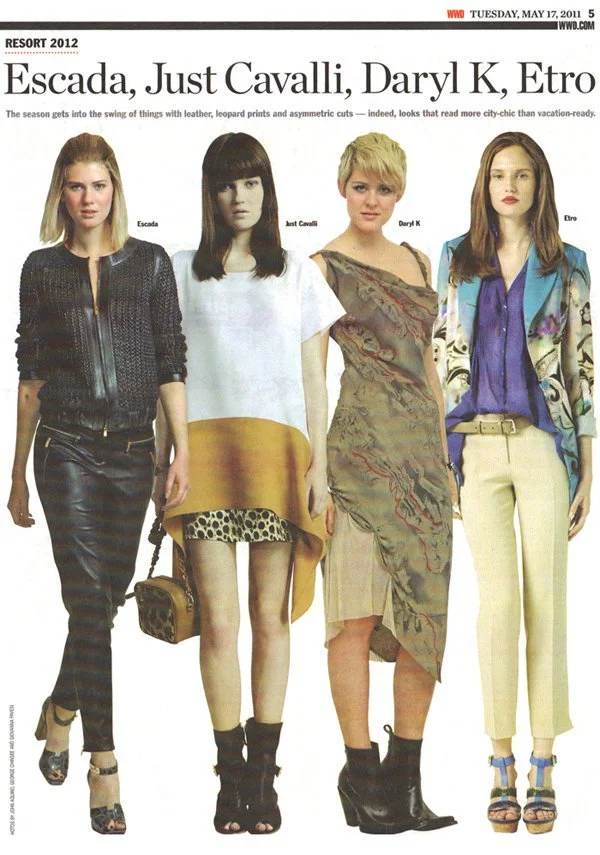 Four models showcasing resort 2012 fashion from Escada, Just Cavalli, Daryl K, and Etro.