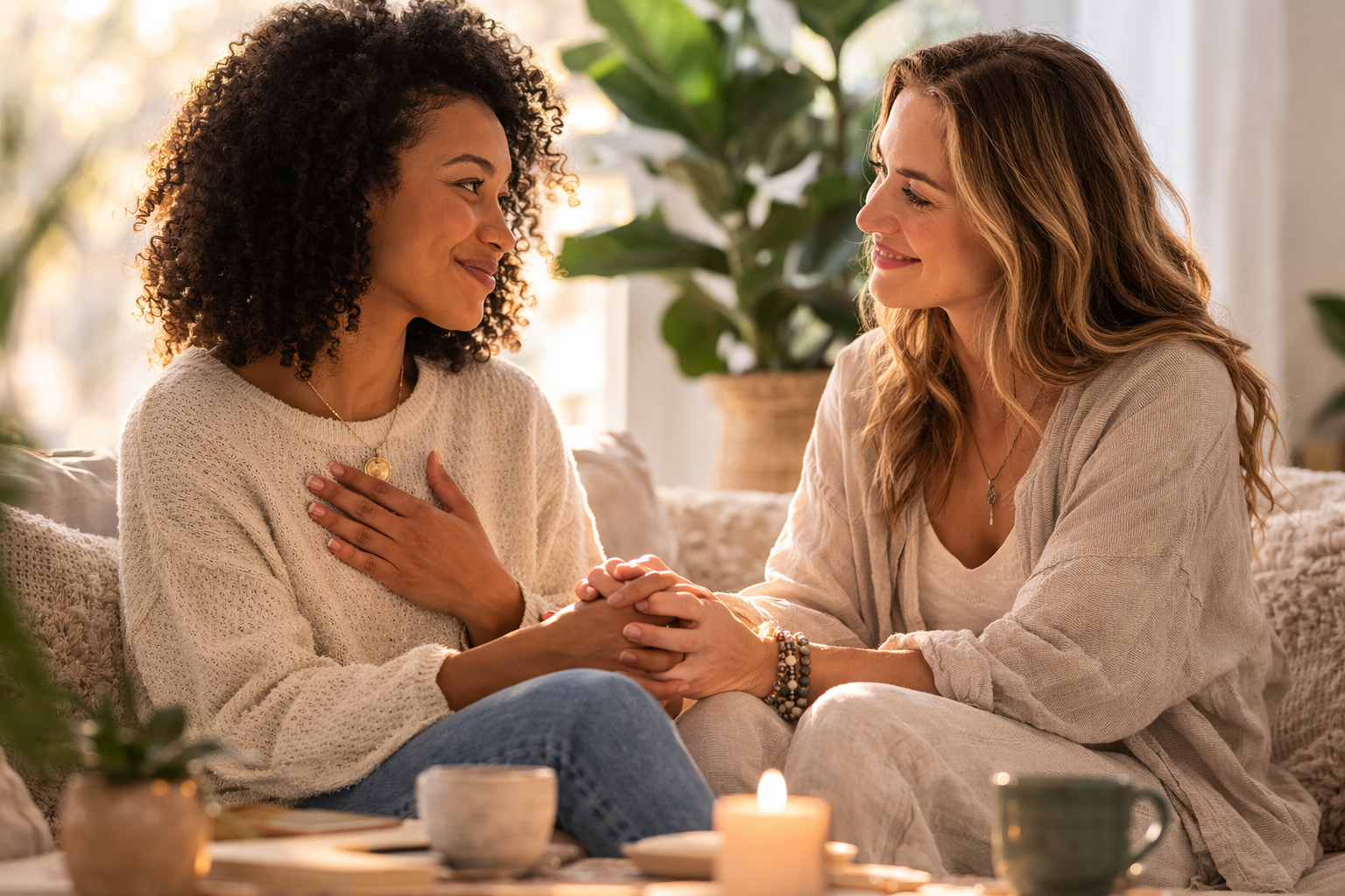 Two women sitting closely together in a calm home setting, holding hands and offering supportive connection, illustrating co-regulation and emotional safety between people.