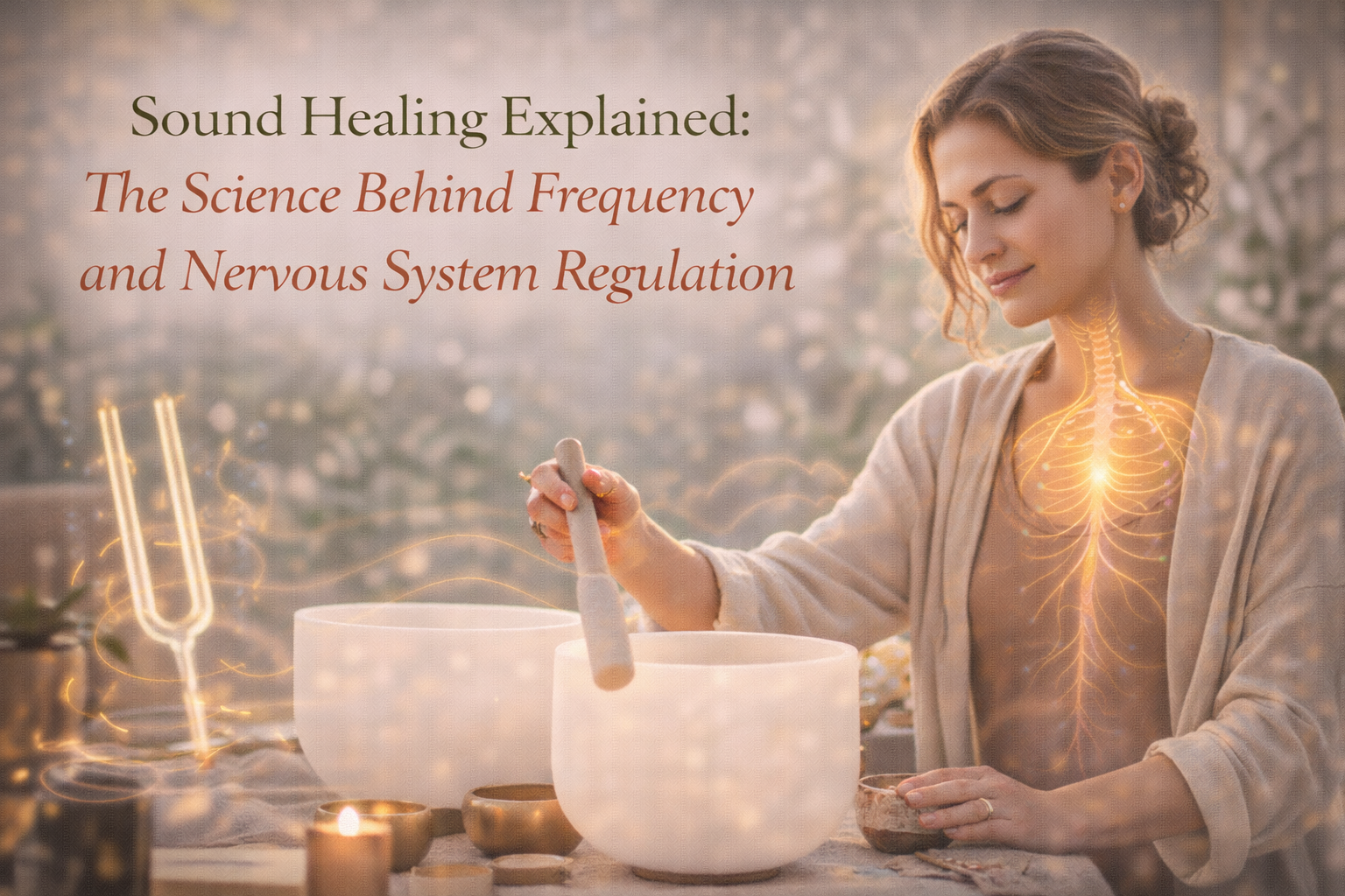 Woman gently playing a crystal singing bowl during a sound healing session while a glowing nervous system illustration highlights how vibration and frequency support relaxation and emotional balance.