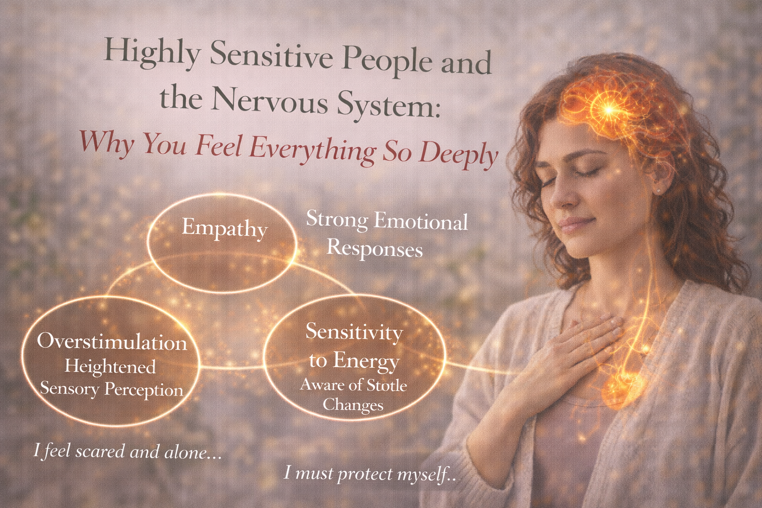 Woman with curly hair gently resting her hand on her chest while a glowing nervous system illustration highlights empathy, emotional sensitivity, and heightened sensory awareness in highly sensitive people.