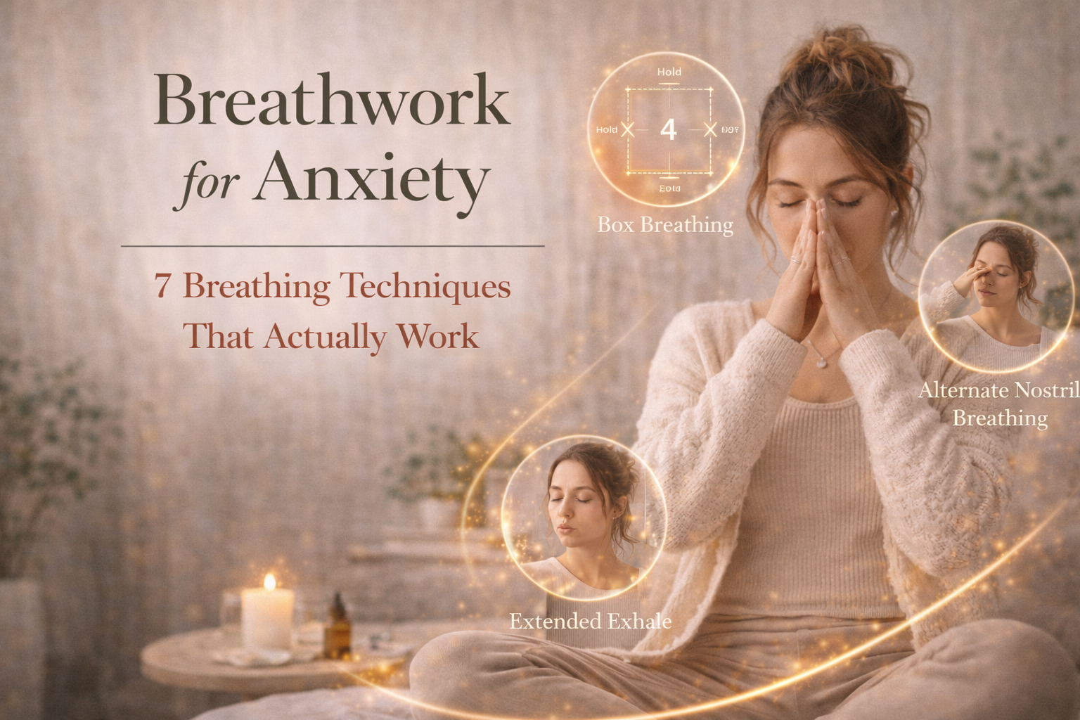 Woman practicing calming breathwork techniques in a peaceful home setting to regulate the nervous system and reduce anxiety.