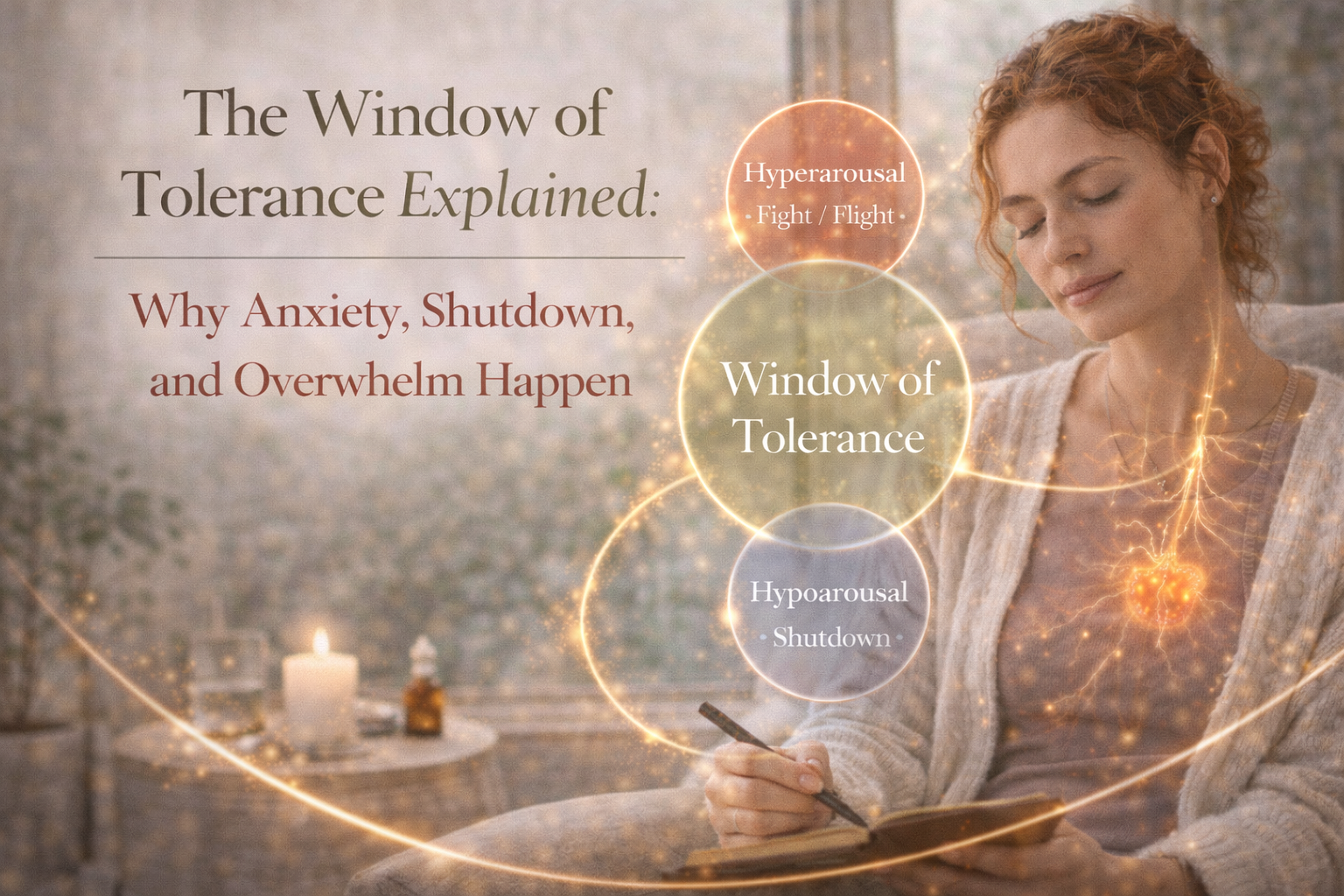 Woman journaling calmly in a soft-lit room while an illustration shows the window of tolerance with hyperarousal, emotional regulation, and hypoarousal states of the nervous system.