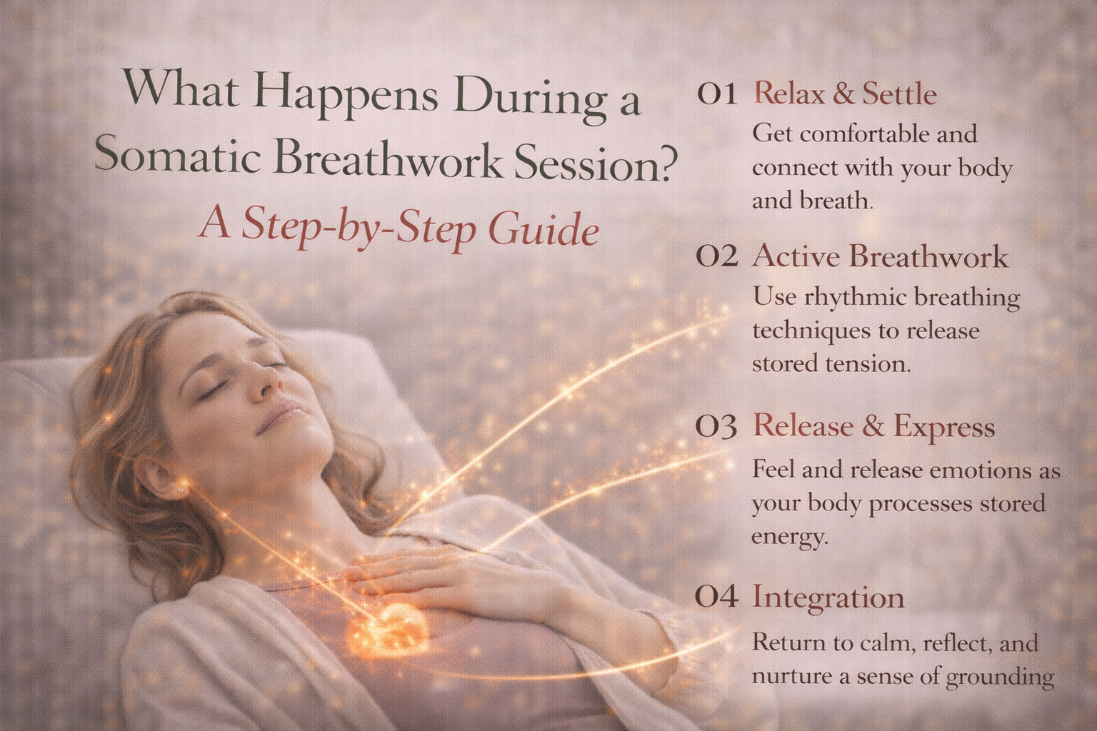 Woman lying down practicing somatic breathwork while glowing lines illustrate the nervous system releasing stored tension during a guided breathwork session.
