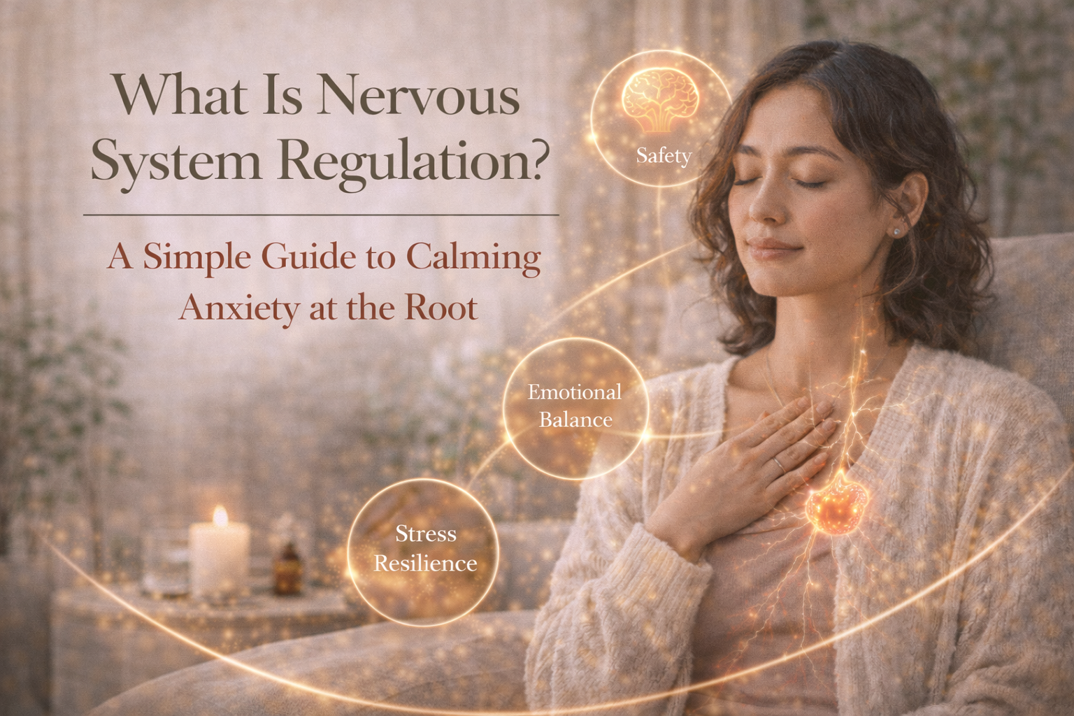 Woman practicing calming breathwork with her hand on her chest while a subtle illustration of the nervous system highlights emotional balance, safety, and stress resilience.