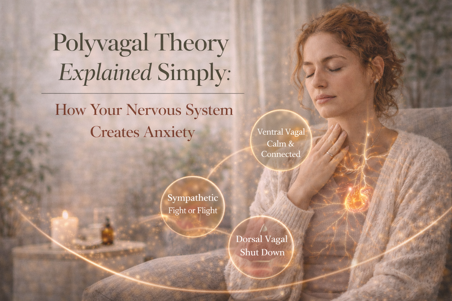 Red-haired woman gently touching her neck while practicing calming breathing, with a visual illustration of the nervous system showing polyvagal states related to anxiety and emotional regulation.