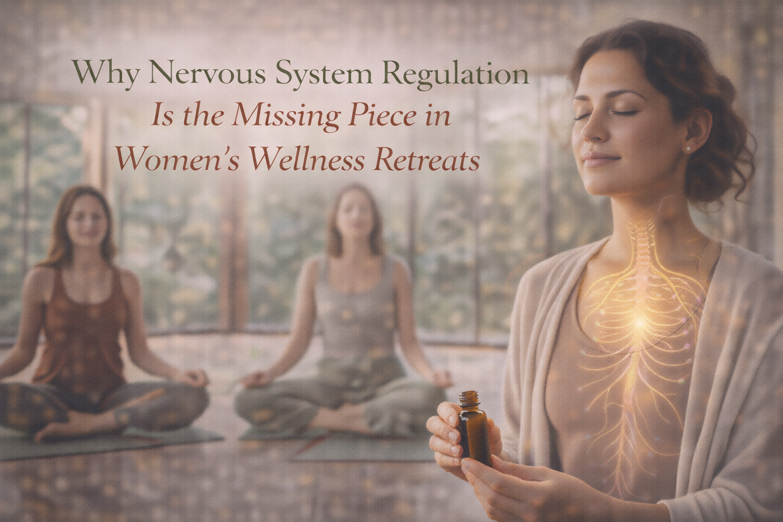 Woman standing calmly with eyes closed during a wellness retreat while a glowing nervous system illustration highlights emotional regulation and relaxation practices.