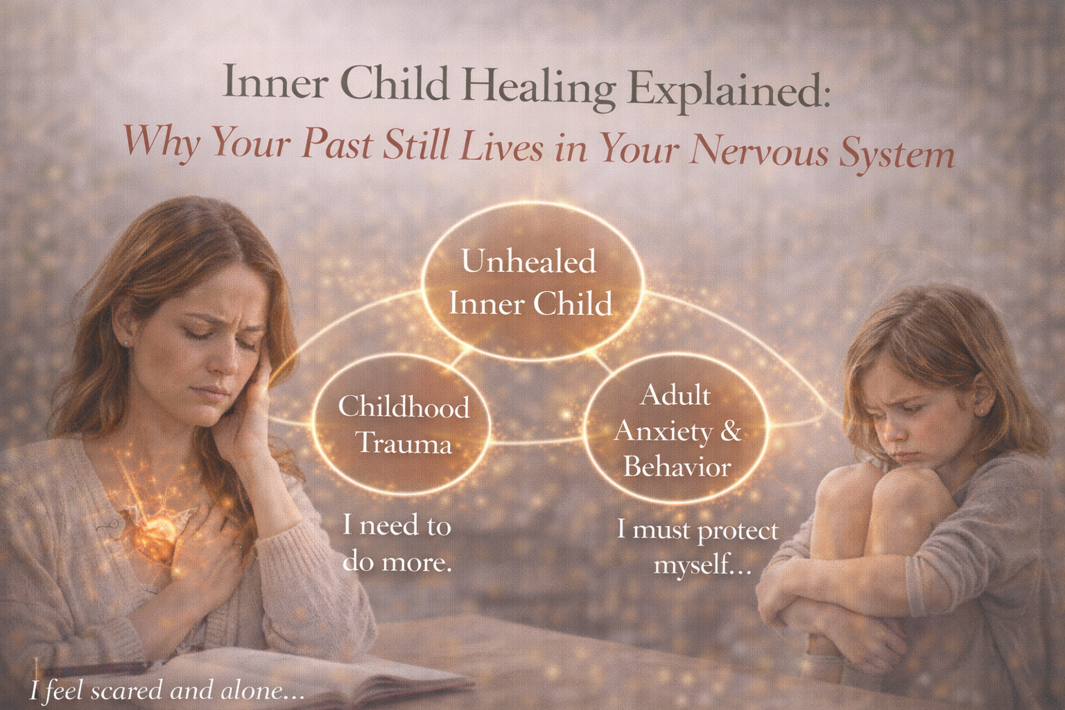 Illustration showing an adult woman and a young girl representing the inner child, connected by glowing lines symbolizing how childhood trauma and past experiences live in the nervous system.
