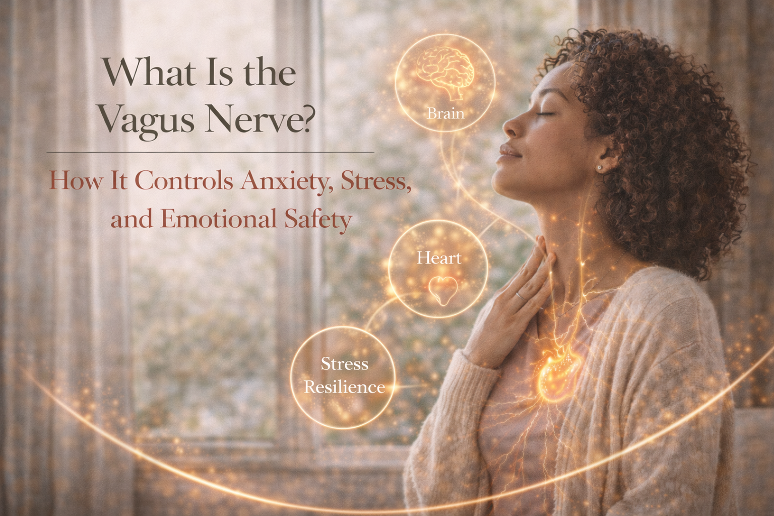Woman gently touching her neck while practicing calming breathwork, with a visual illustration showing the vagus nerve connecting the brain, heart, and body to regulate anxiety and stress.