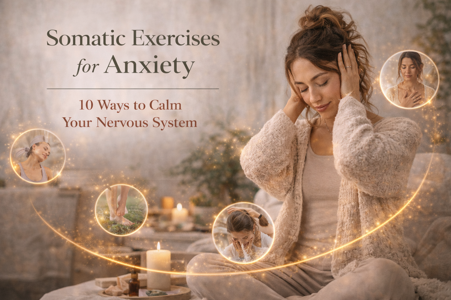 Woman practicing somatic exercises to calm anxiety in a peaceful home setting, illustrating body-based techniques for nervous system regulation.