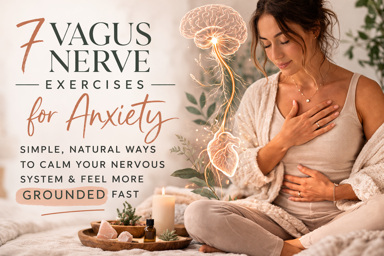 Woman practicing calming breathwork with one hand on her chest and one on her stomach while a glowing illustration of the vagus nerve highlights the mind-body connection for anxiety relief.