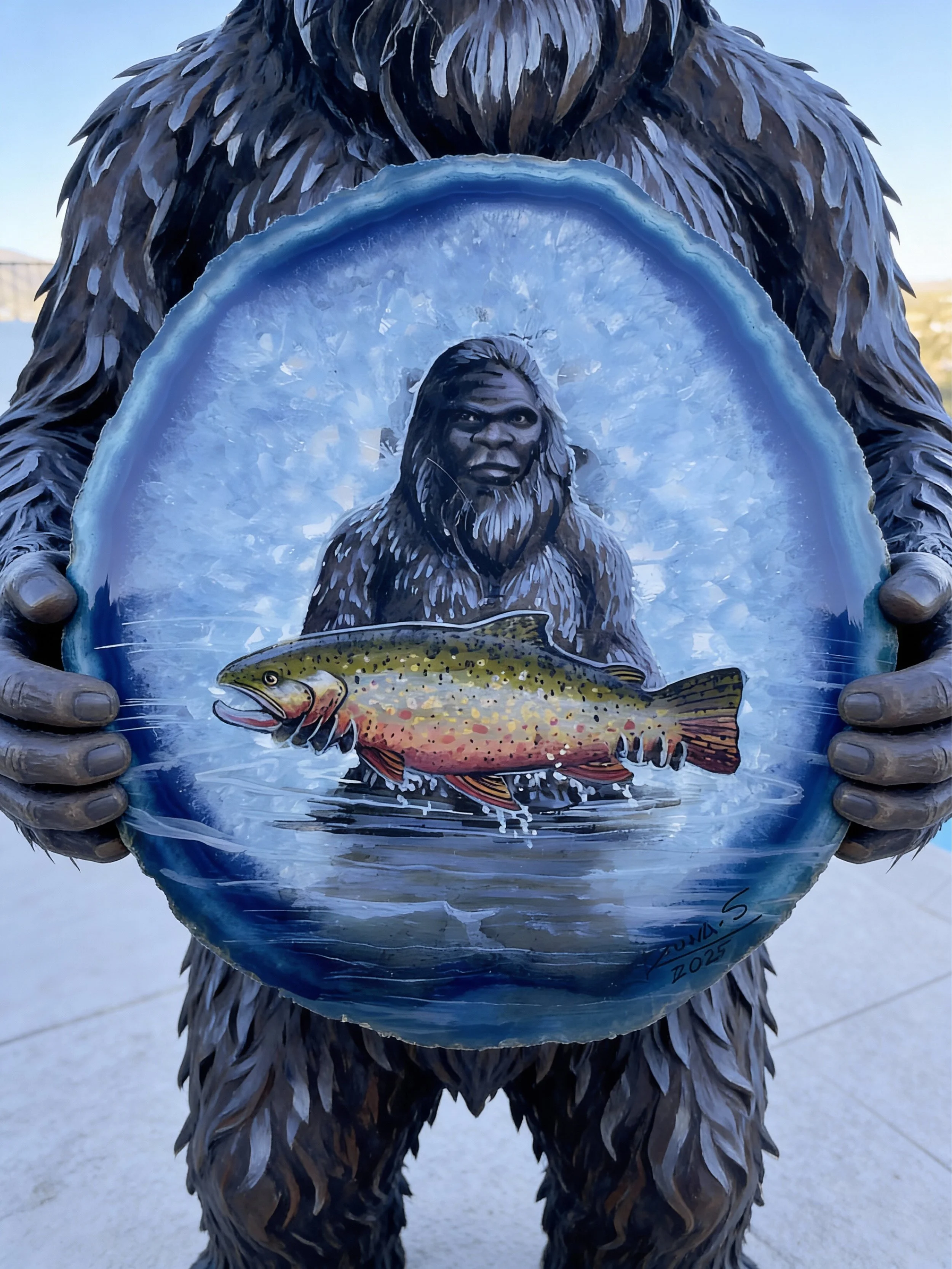 Bigfoot holding rainbow trout