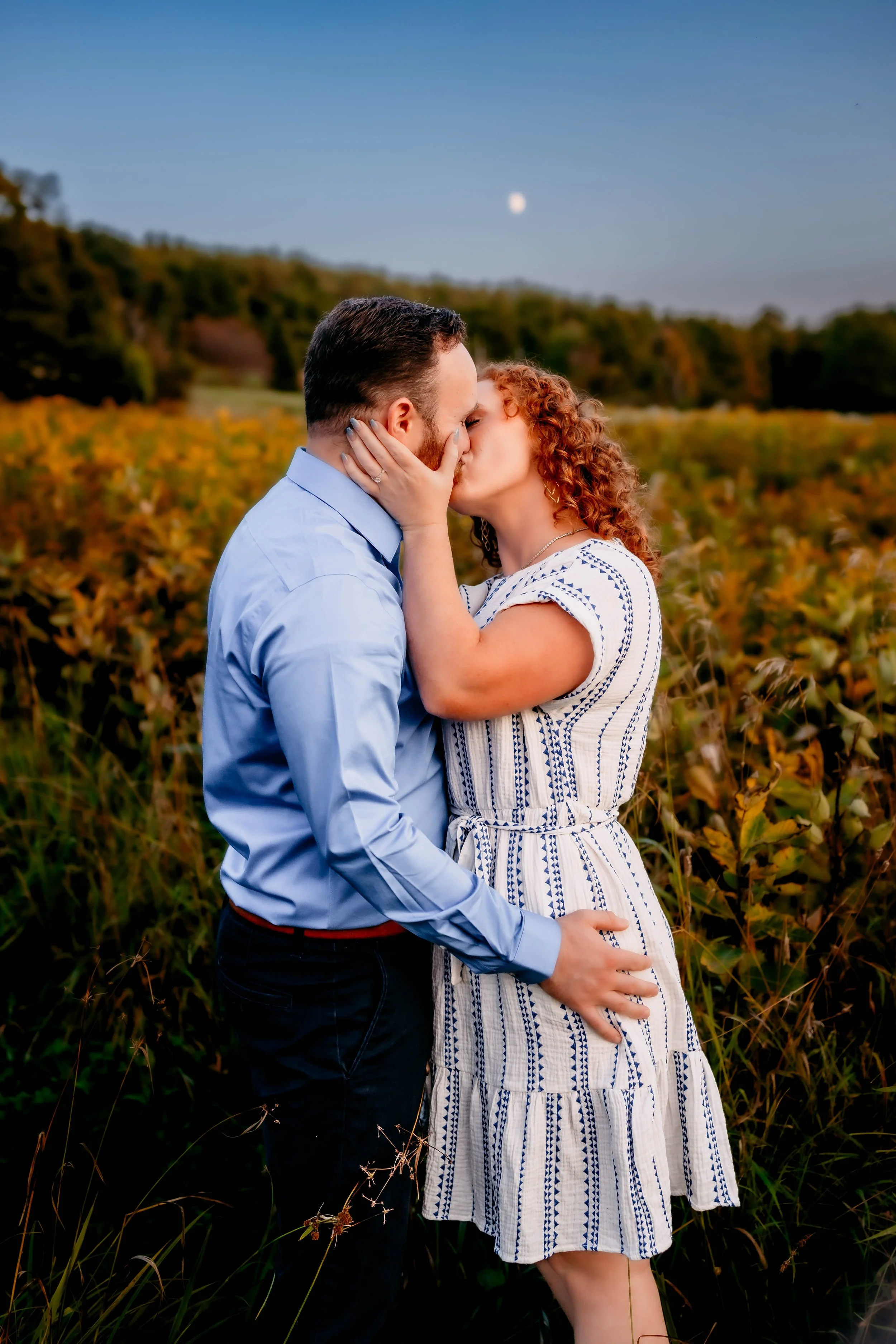 A couple sharing a kiss outdoors in a field of tall grass and bushes during twilight, with the moon visible in the sky.