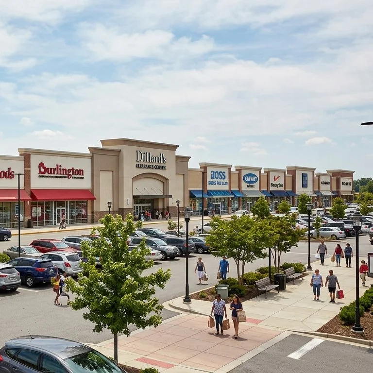 Centro comercial con tiendas como Burlington, Dollar Tree, Ross, GNC, y Payless, con personas paseando y estacionamiento en primer plano.