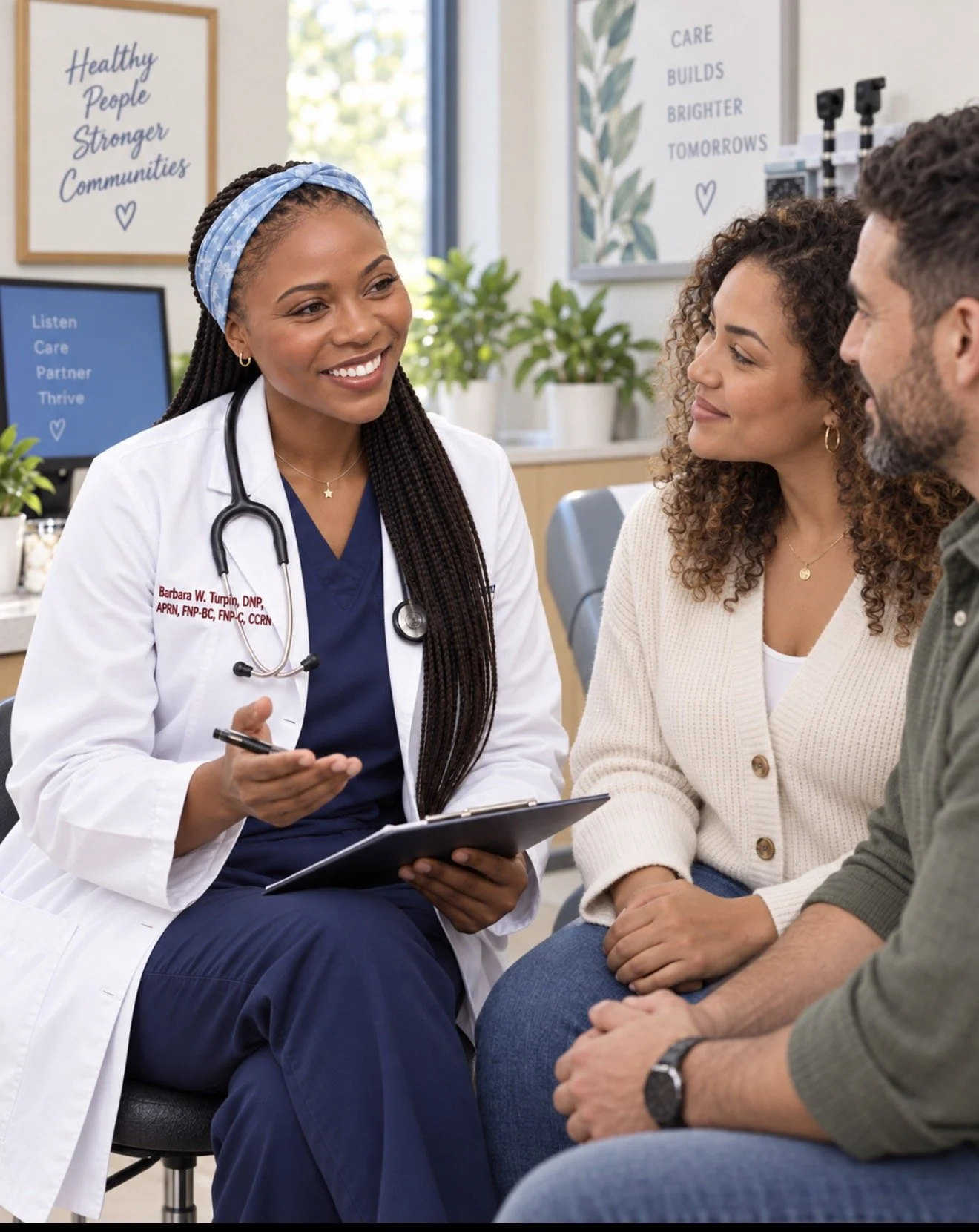 Barbara Turpin, DNP, APRN, speaking with a couple during a hormone therapy consultation at Trinity Health Plus in New Port Richey