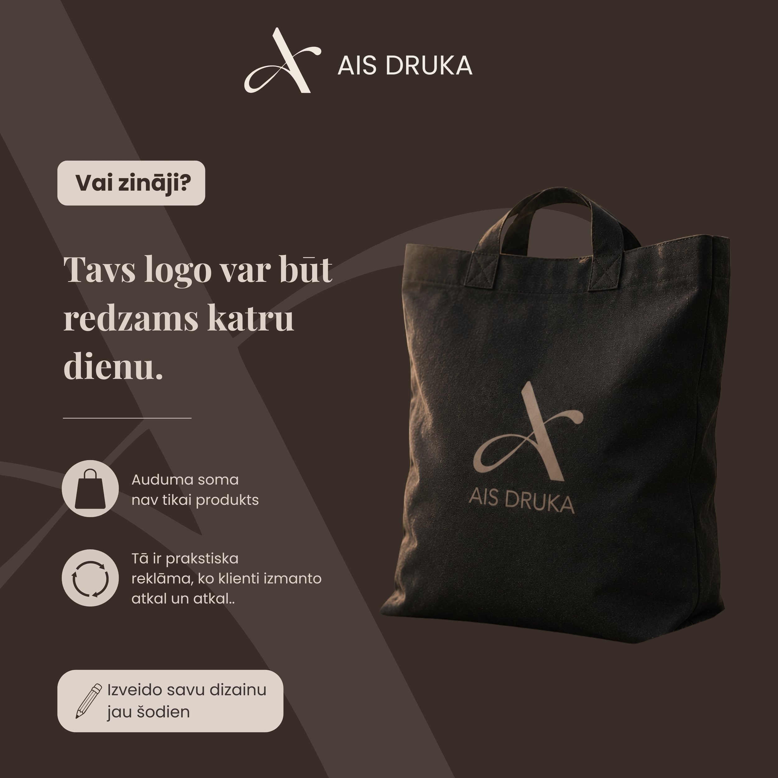 Tavs logo var būt redzams katru dienu — auduma somas ar apdruku