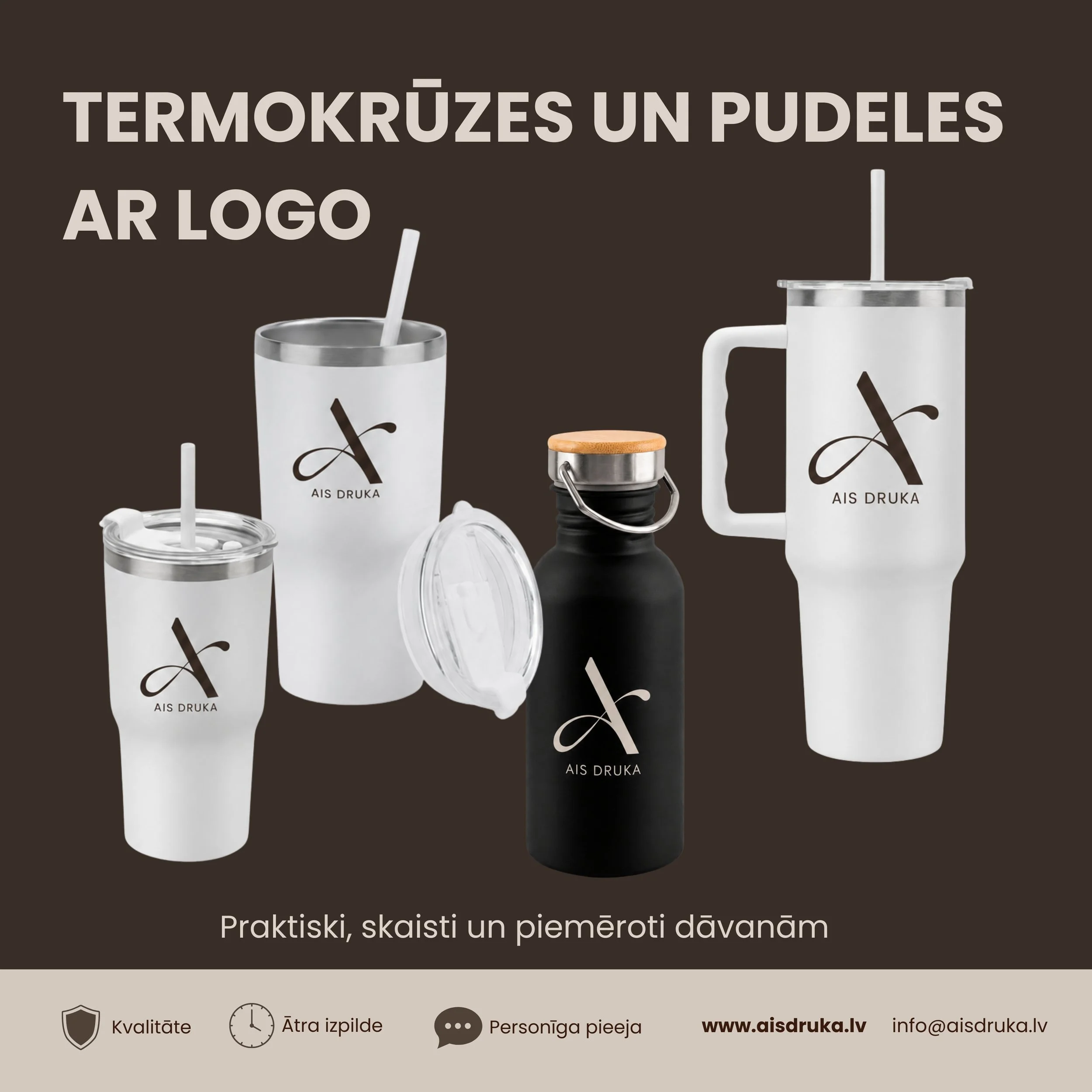 Termokrūzes un pudeles ar logo — praktisks un skaists risinājums