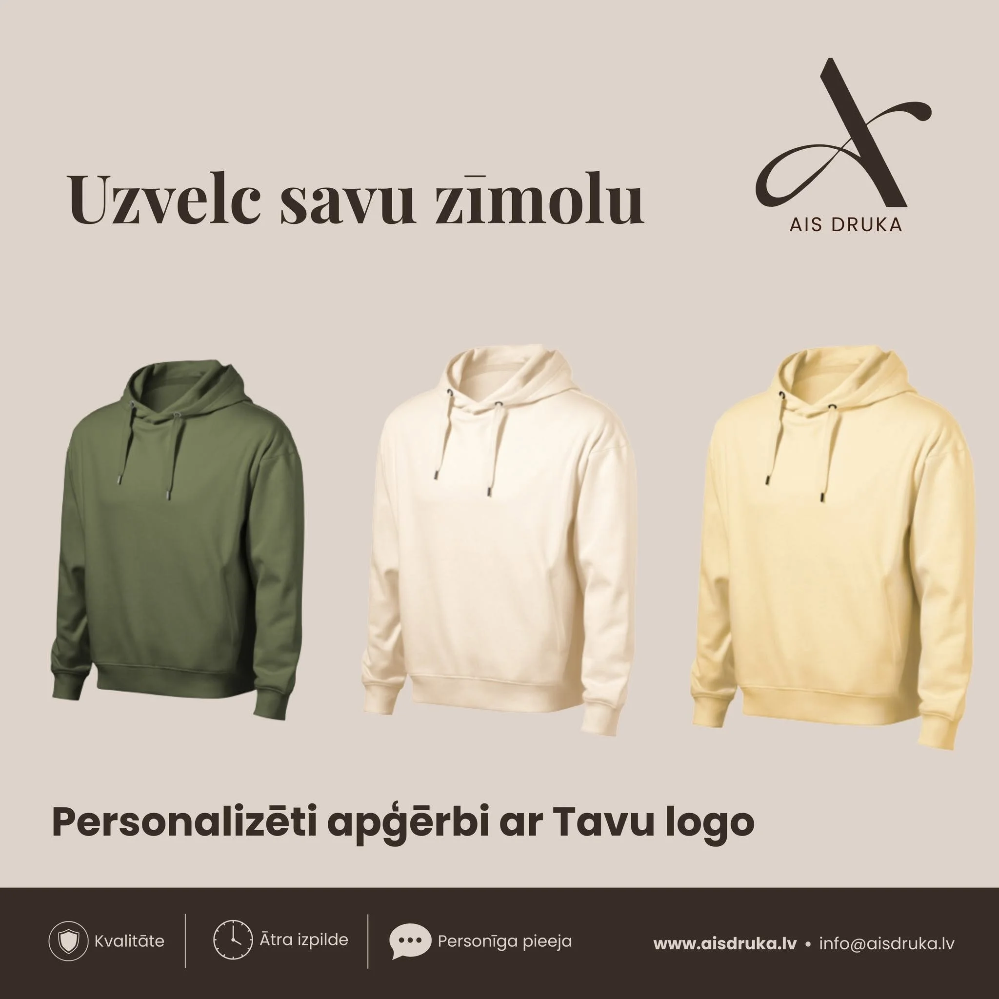 Apģērbu apdruka un izšūšana uzņēmumiem, komandām, pasākumiem un dāvanām.