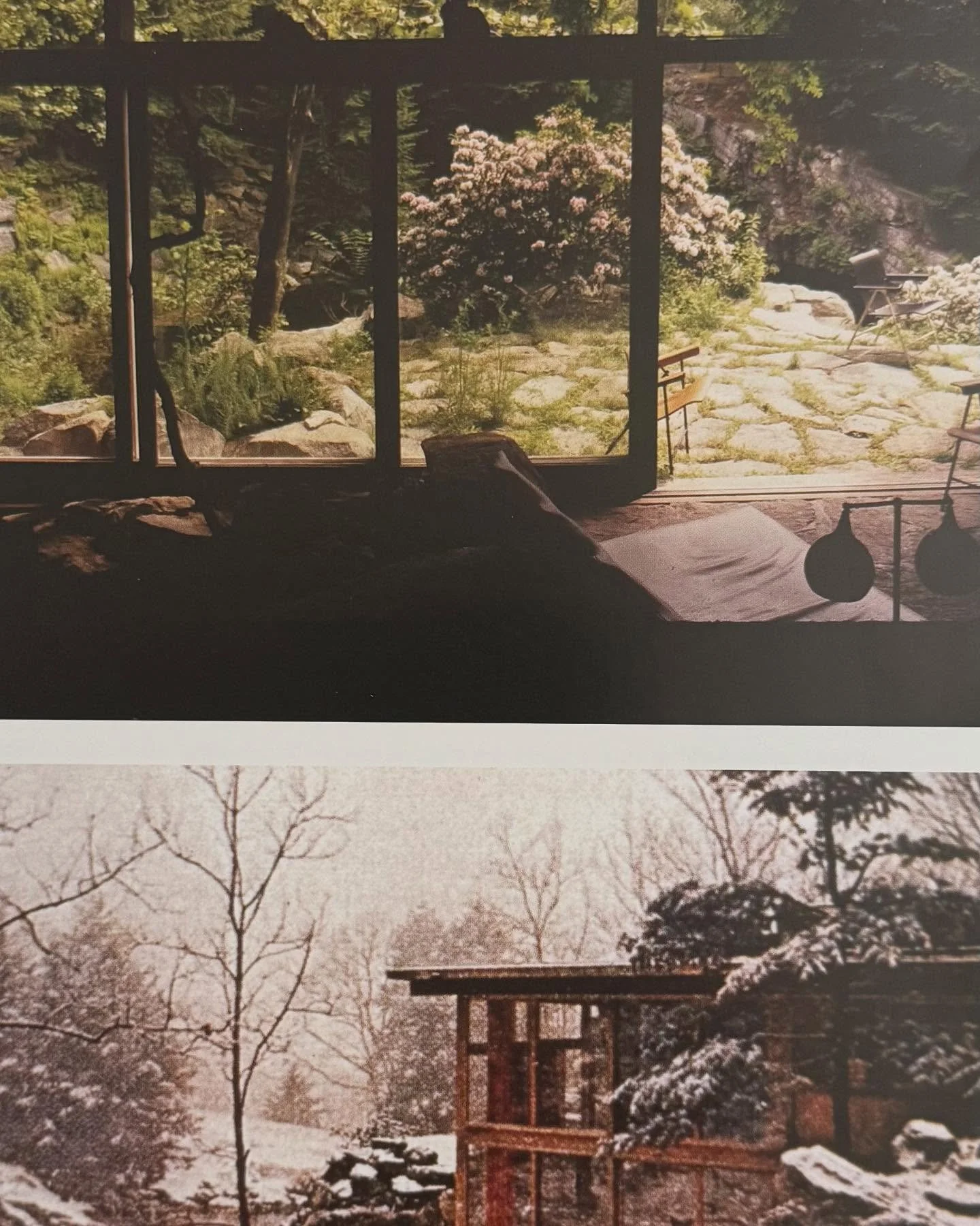 DRAGON ROCK AT MANITOGA
Garrison, NY 1941-1961

01 Living room terrace with blooming laurels, c. 1970 / Dragon Rock in snow, c. 1965

02 Russel Wright&rsquo;s bedroom with door leading to terrace

03 Imperial Flair glassware, c. 1951

04 View from ki