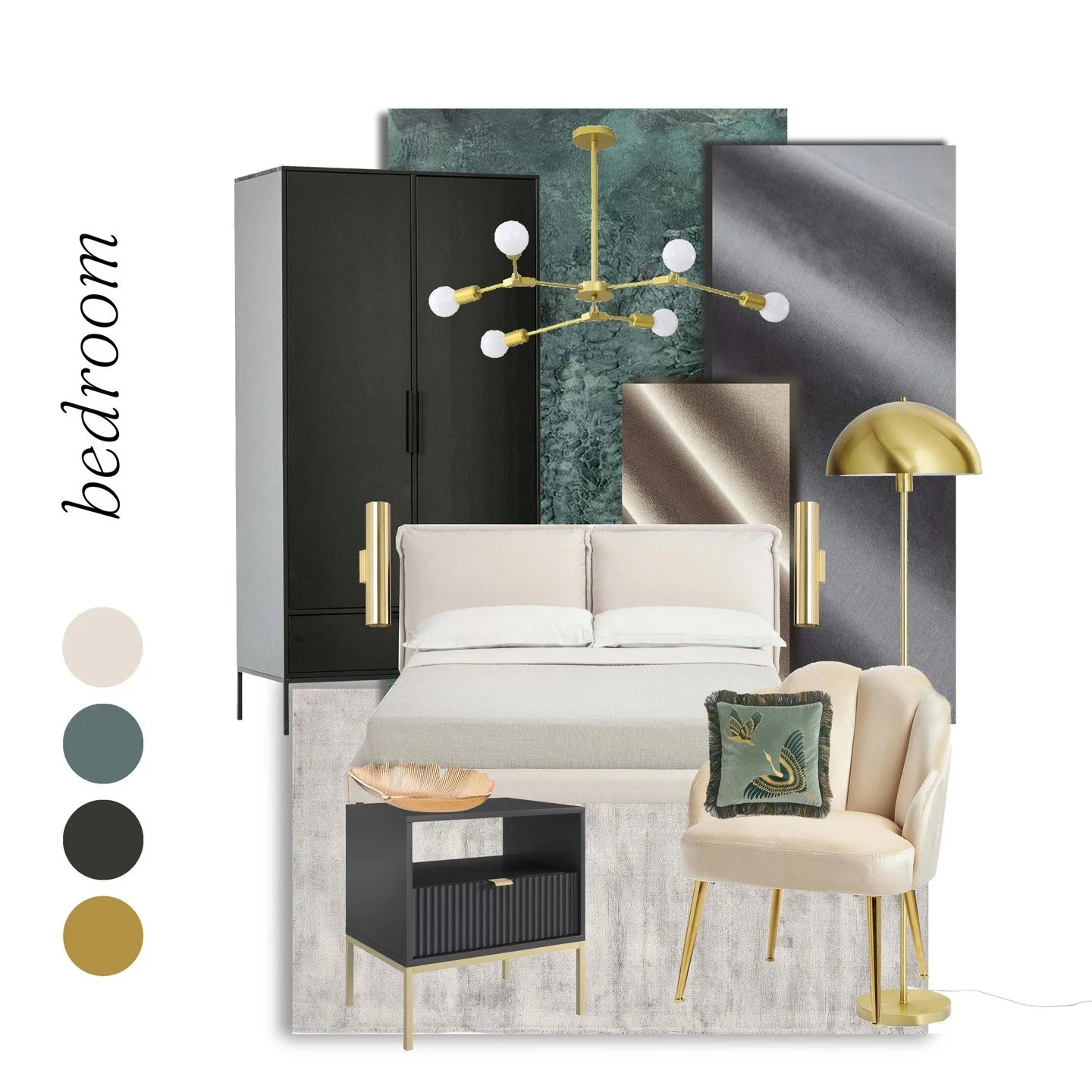 Ein modernes #schlafzimmerdesign das mit einer eleganten Kombination aus sanften Grau-, Gr&uuml;n- und Goldt&ouml;nen Akzente setzt. Die goldene H&auml;ngelampe und die Beistelllampen f&uuml;gen dem Raum #glamour hinzu, w&auml;hrend ein minimalistisc