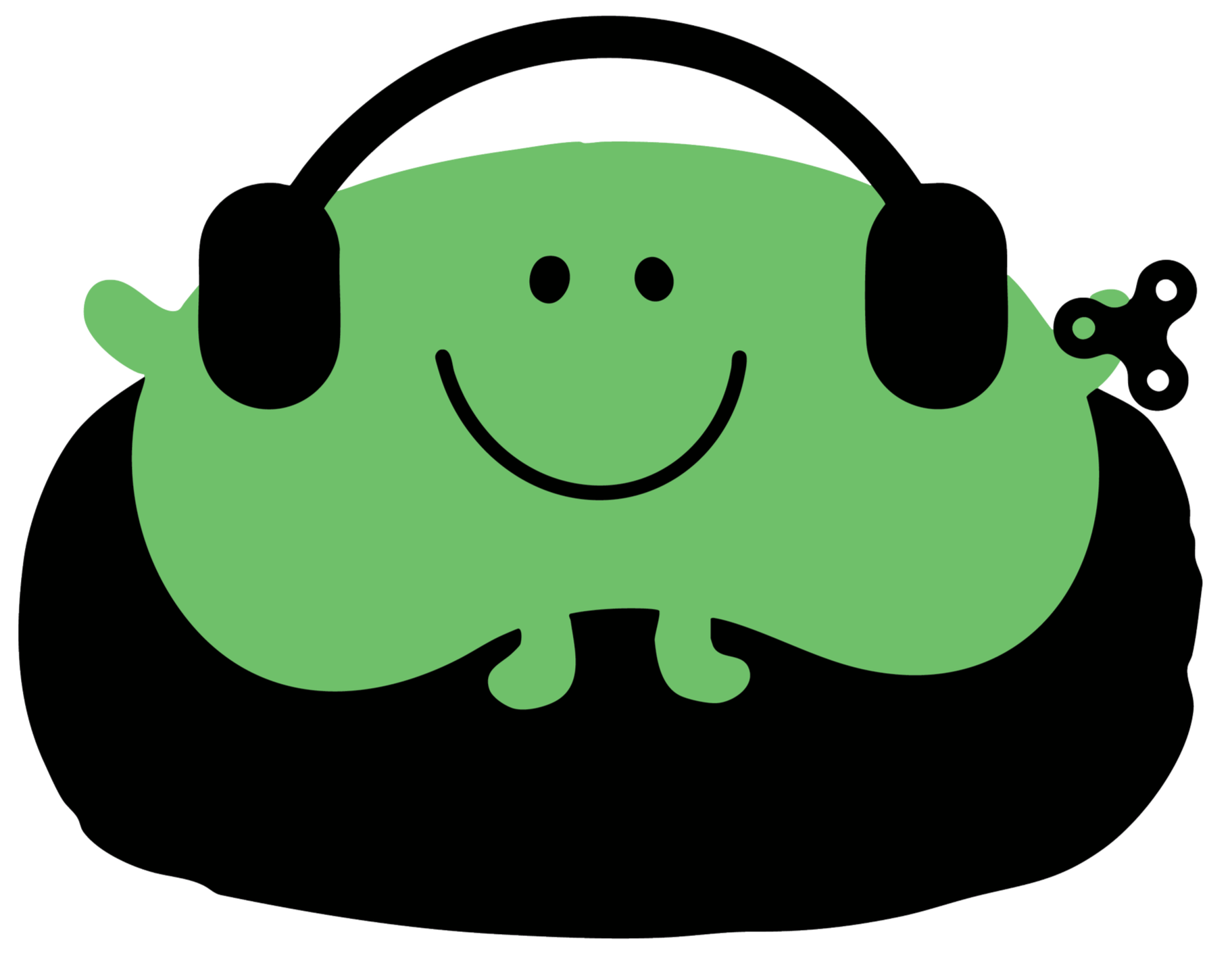 A cute cartoon illustration of a green frog with a smiling face wearing black headphones and a small black propeller hat, sitting on a black circular background.