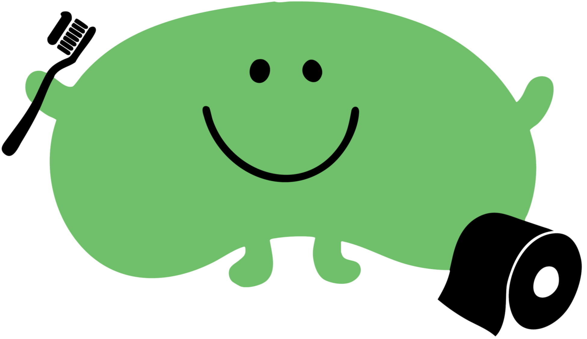 A cartoon illustration of a green hippopotamus holding a paintbrush, with a happy face and small legs.