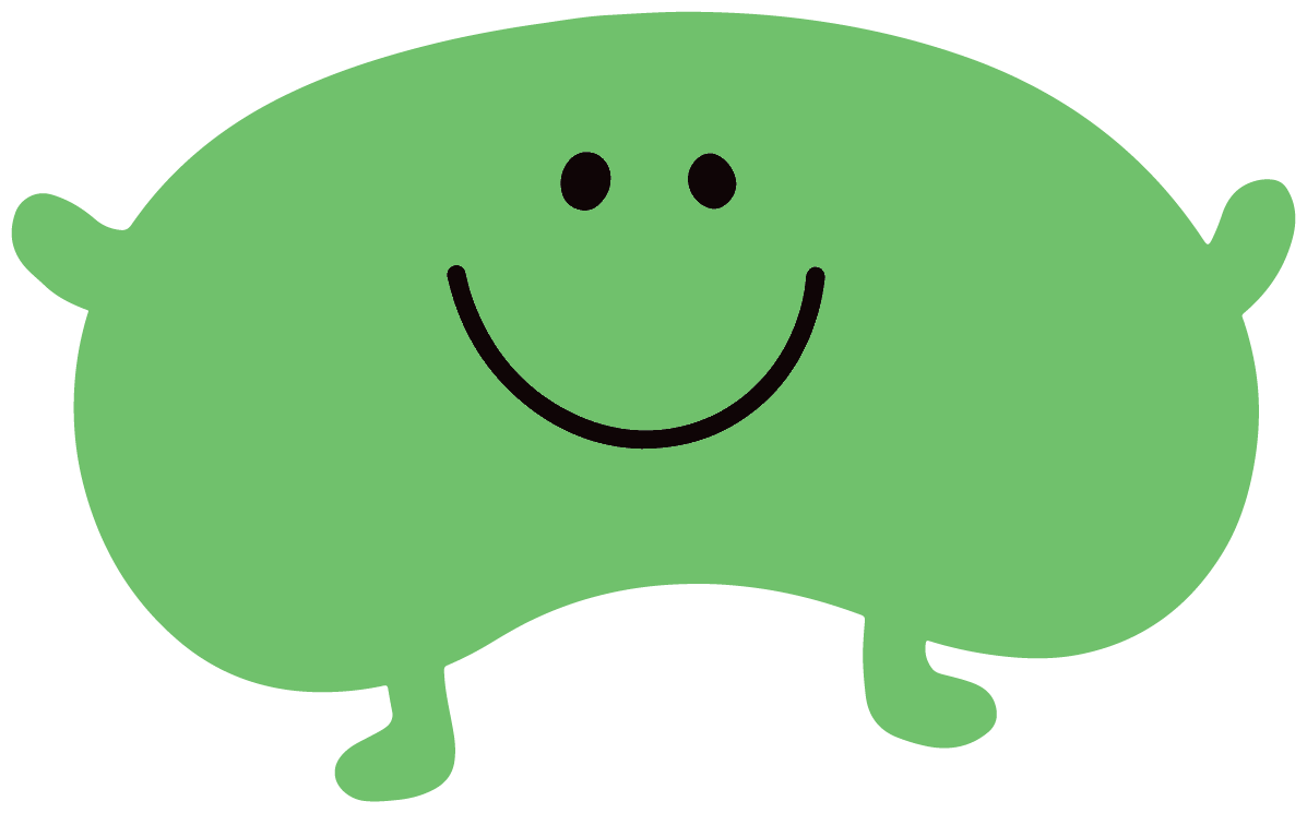 A cartoon illustration of a green, smiling, blob-shaped creature with small arms and legs.