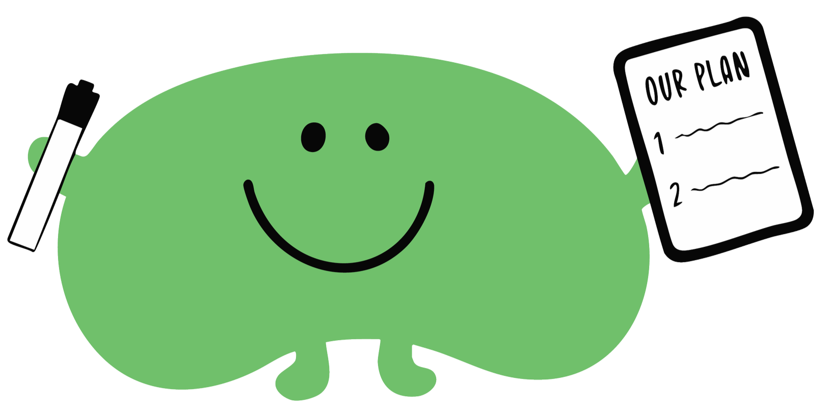 A cartoon green brain with a smiling face holding a whiteboard marker in one hand and a smartphone displaying a plan with numbered steps in the other.
