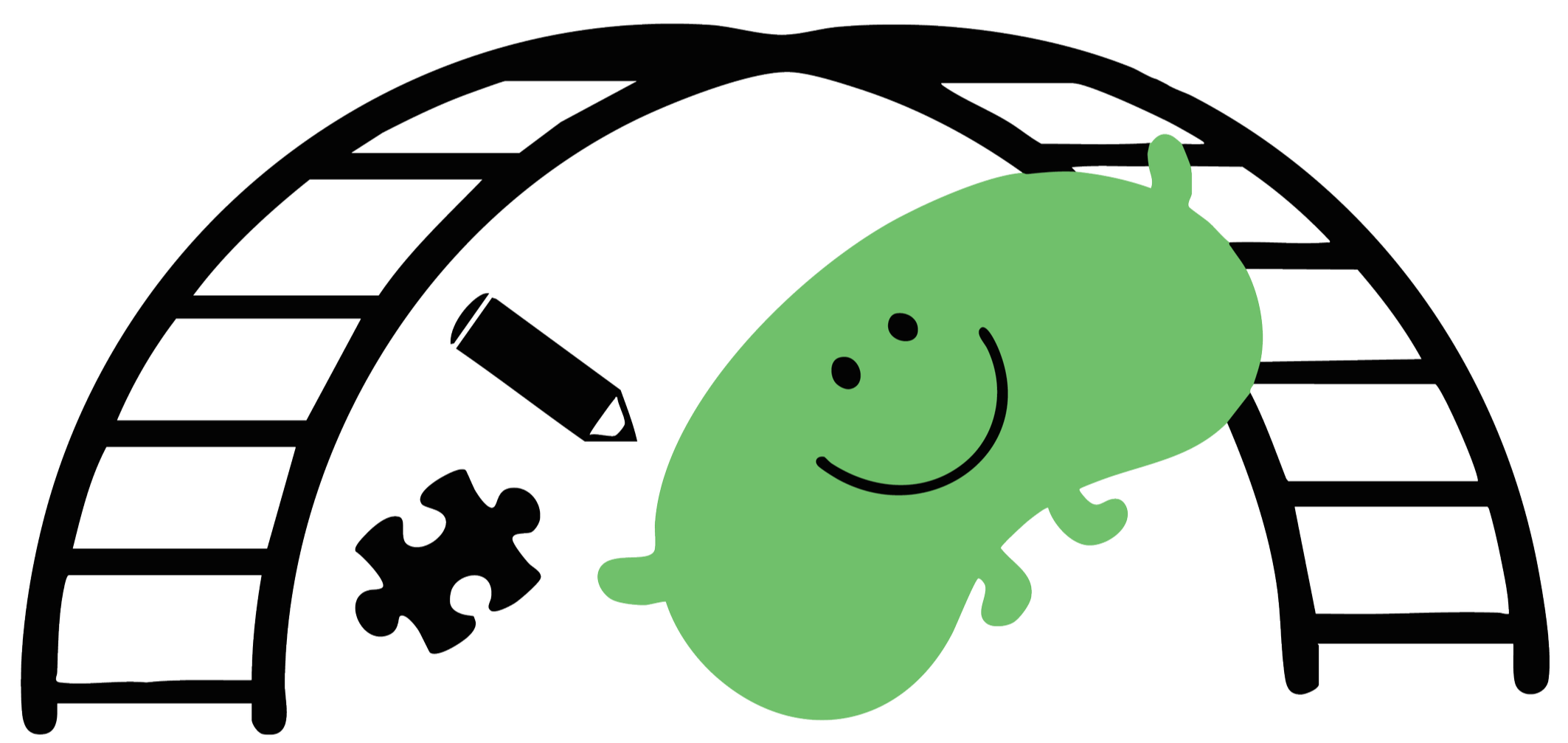 A cartoon illustration of a smiley face, green colored, with a puzzle piece missing from its head, under a curved film strip with pictures in frames.